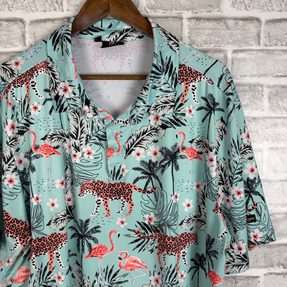 GreenSide Golf Mens XXL Tropical Flamingo Leopard Print Performance Polo Shirt